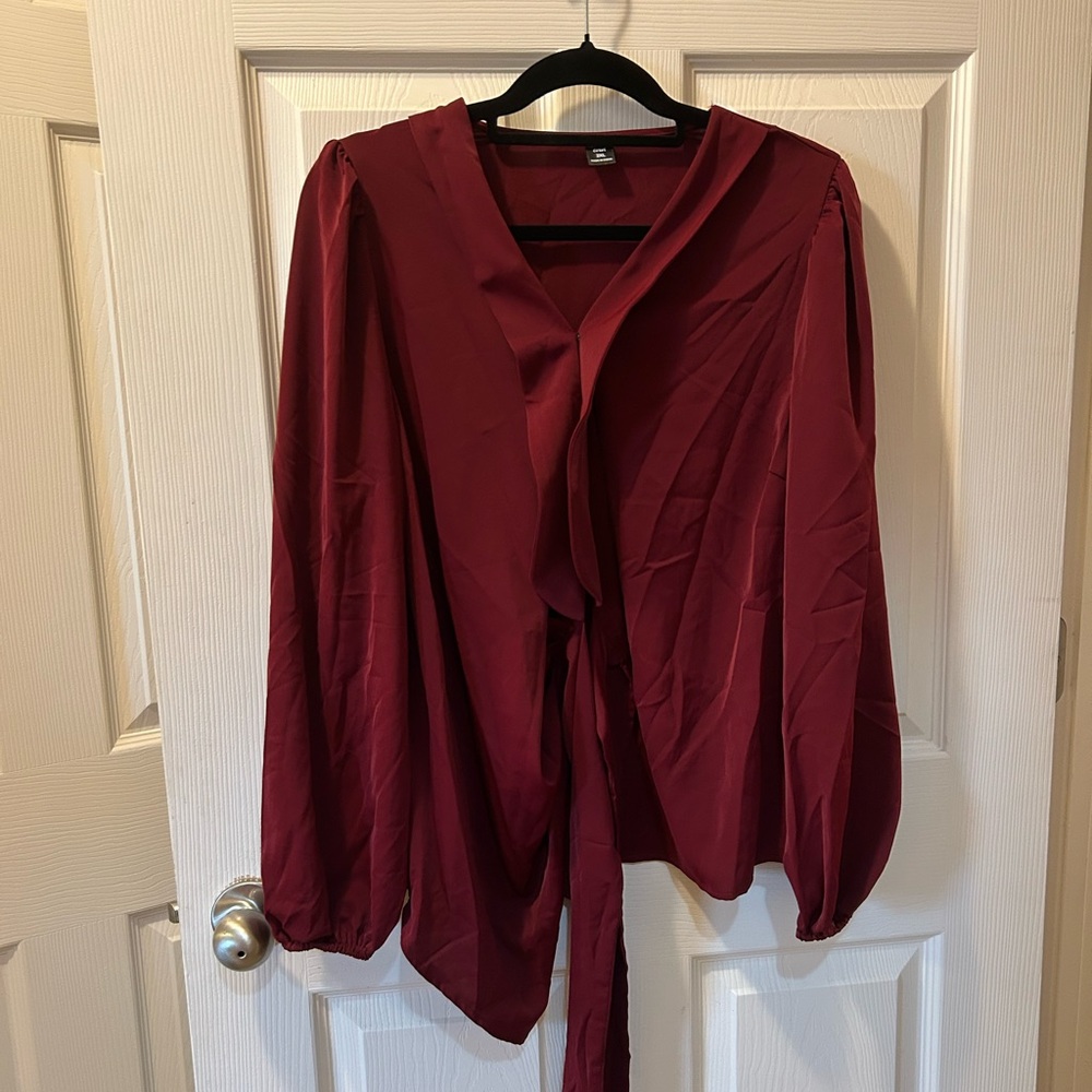 SHEIN Curve 2XL Burgundy Blouse w/ Tie Detail & Elastic Cuff Sleeves NWOT